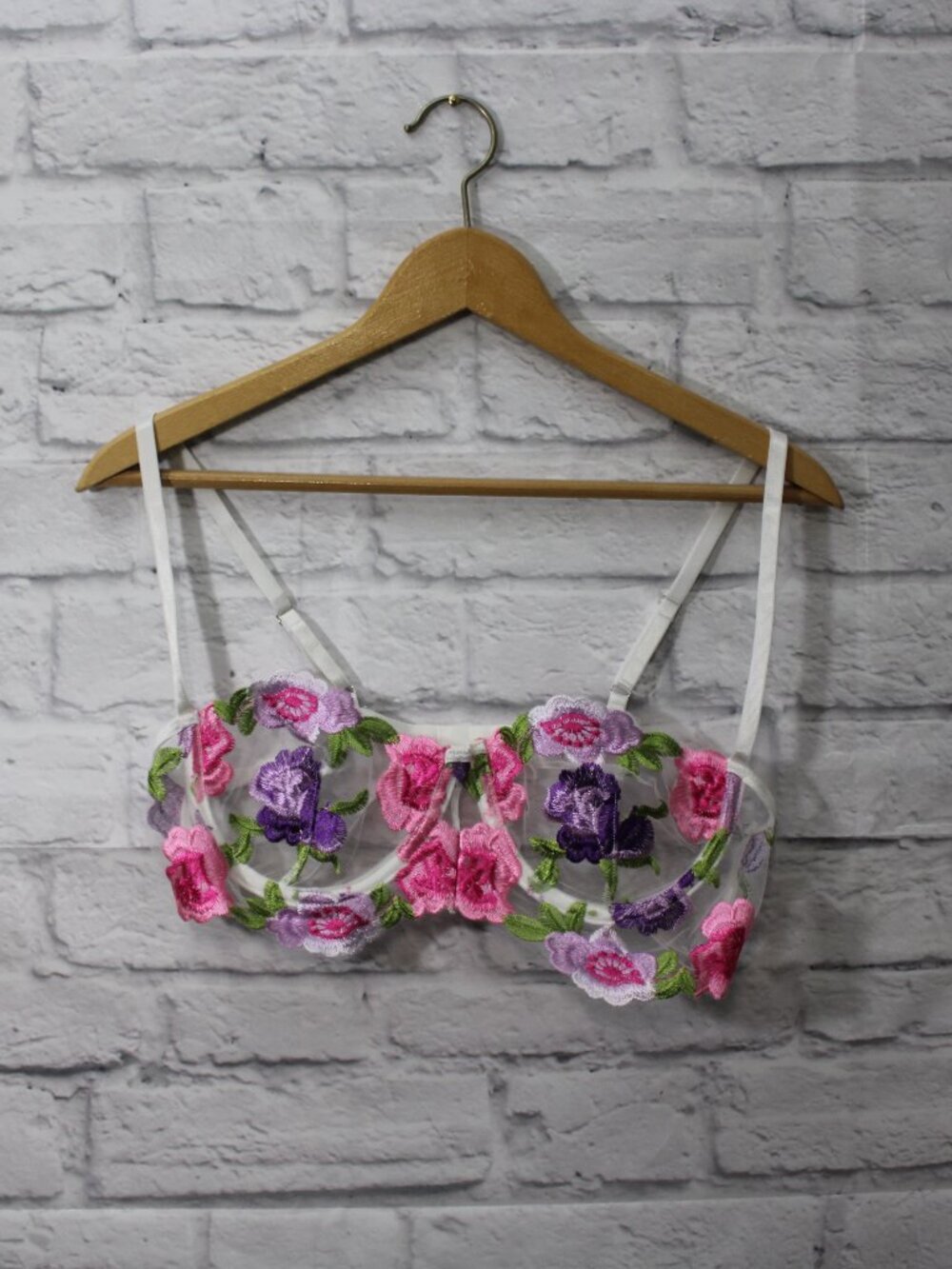 Romwe Large Sheer Lace Embroidered Floral Cup Adjustable Strappy Bra